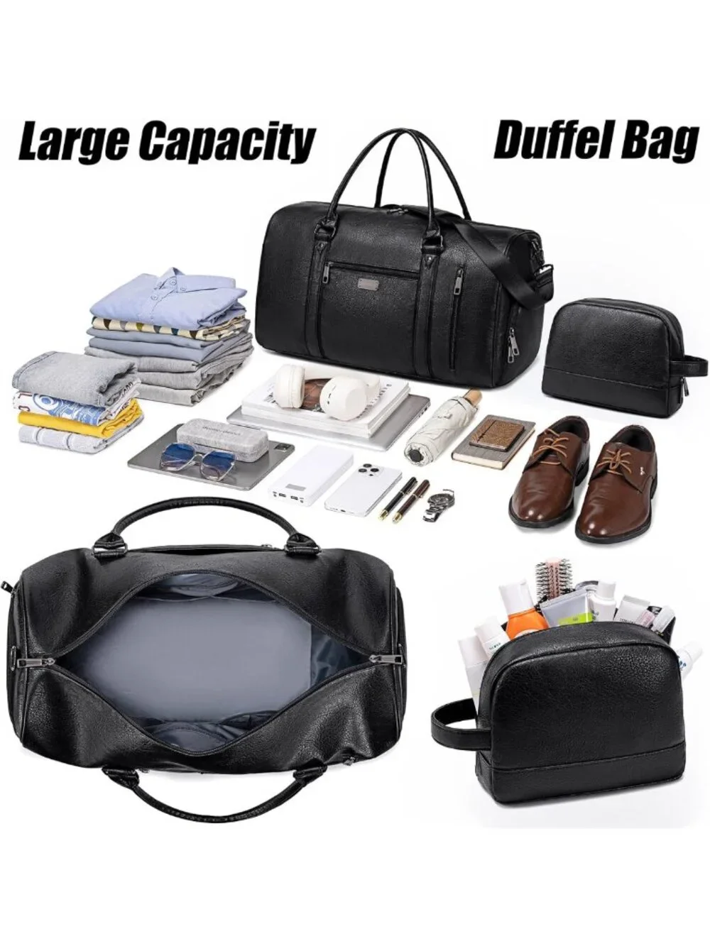 Spacious Faux Leather Travel Duffel Bag with Shoe Compartment & Toiletry Bag